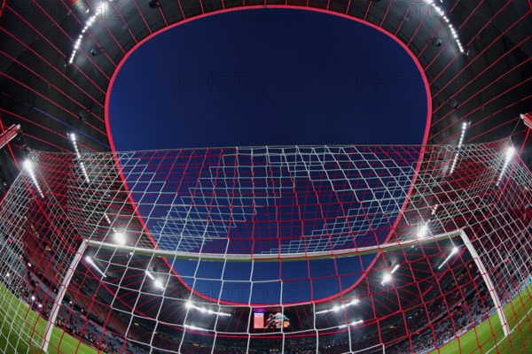 Overview, interior, floodlit match, behind-the-goal perspective, goal net, blue hour, fisheye shot, Champions League, Allianz Arena, Munich, Bavaria, Germany, Europe