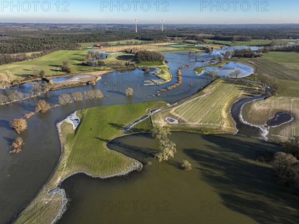 Haltern am See, North Rhine-Westphalia, Germany, floods on the Lippe, river in the Ruhr area, the fields, the agricultural land of the farmers next to the watercourse are flooded, serve as retention areas, flood areas for flood protection, Europe