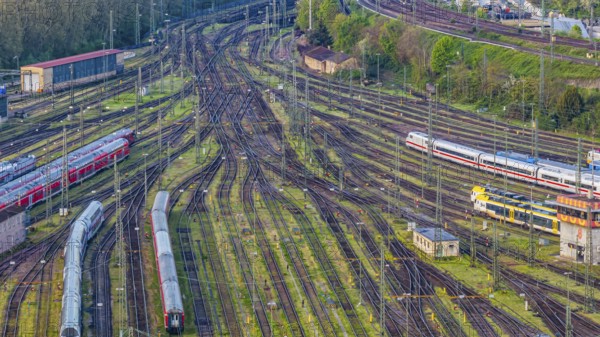 Tracks and points at Rosenstein railway sidings and parked trains. After completion of the Stuttgart 21 project, flats and the new Rosenstein quarter and flats are to be built here. Aerial view. Stuttgart, Baden-Württemberg, Germany, Europe