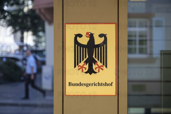 Karlsruhe, Baden-Württemberg, Germany, Federal Court of Justice, sign with the Federal Eagle emblem and lettering in front of the Federal Court of Justice building, Europe