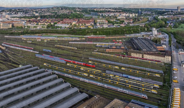 Tracks and points at Rosenstein railway sidings and parked trains. After completion of the Stuttgart 21 project, flats and the new Rosenstein quarter and flats are to be built here. Aerial view. Stuttgart, Baden-Württemberg, Germany, Europe