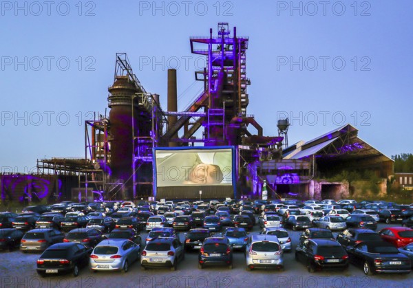 Dortmund, Ruhr area, North Rhine-Westphalia, Germany - Drive-in cinema Dortmund, newly opened drive-in cinema in front of the former blast furnace plant Phönix-West in times of the Corona pandemic with contact ban
