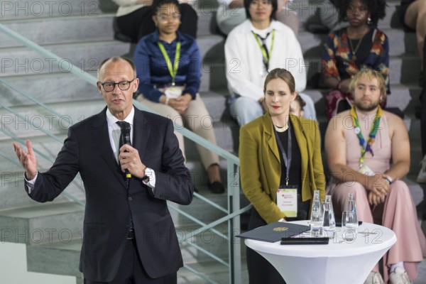 Friedrich Merz (CDU), Chancellor of the Federal Republic of Germany, at the opening statement for the discussion with the multilateral youth camp Youth4Peace in the Federal Chancellery, Berlin, 8 May 2025
