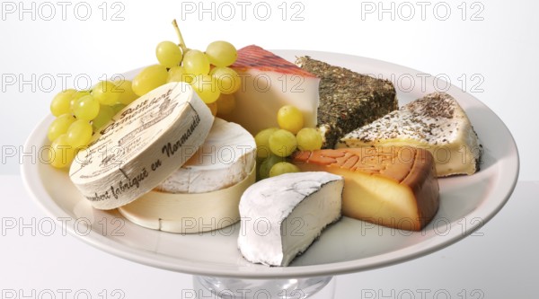 Cheese platter with various cheeses, decorated with grapes, studio shot