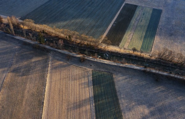 Drone image, autumn, agricultural landscape fields with regulated river, Prutz, Kaunertal, Inntal, Tyrol, Austria, Europe