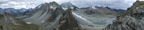 Aerial view, Alpine panorama, mountain landscape with glacier Glacier de Cheilon and summit Mont Blanc de Cheilon, Valais, Western Alps, Switzerland, Europe