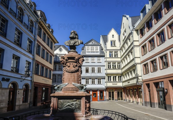 New Old Town, Hühnermarkt with Friedrich Stoltze Fountain, Frankfurt am Main, Hesse, Germany, Europe