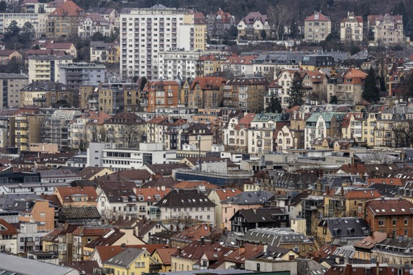 View from the Karlshöhe of the buildings and roofs of the densely populated city. Stuttgart, Baden-Württemberg, Germany, Europe