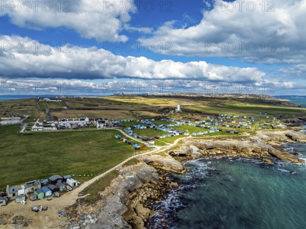 Portland Bird Observatory from a drone, Bill Lighthouse, Portland Bill, Isle of Portland, Dorset, England, United Kingdom, Europe