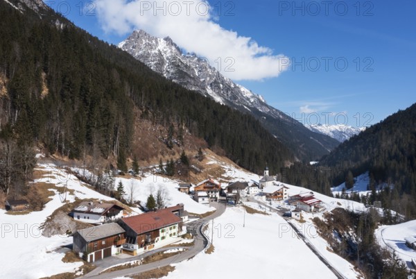 Drone image, view of the village with parish church, Hinterhornbach, Hornbachtal, Reutte district, Tyrol, Austria, Europe