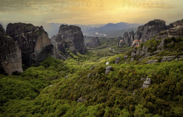 Sunset over the Monastery of Rousanou and the Monastery of St Nicholas Anapavsa, Anapavsas, Metéora Monasteries, Kalambaka, Trikala, Thessaly, Greece, Europe