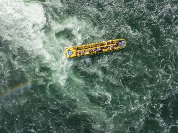Aerial view, top down view from a passenger boat for round trips below the Rhine Falls, Neuhausen, Canton Schaffhausen, Switzerland, Europe