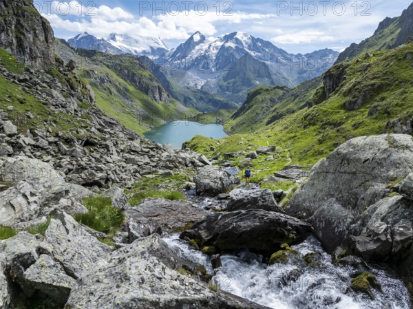 Hiker at the mountain stream and mountain lake Lac de Louvie with glaciated summit of the Grand Combin, Val de Bagnes, Valais, Switzerland, Europe