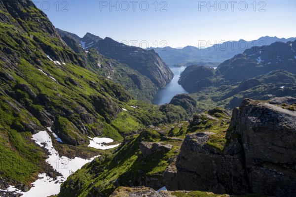 Picturesque mountain landscape, Trollfjord and Raftsund fjord, hike to Trollfjord Hytta, Lofoten, Nordland, Norway, Europe
