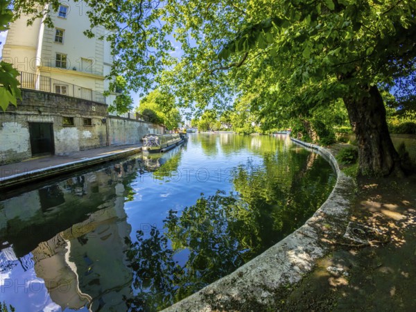 Calm waters reflecting buildings and lush trees along little venice canal in london, offering a peaceful urban oasis