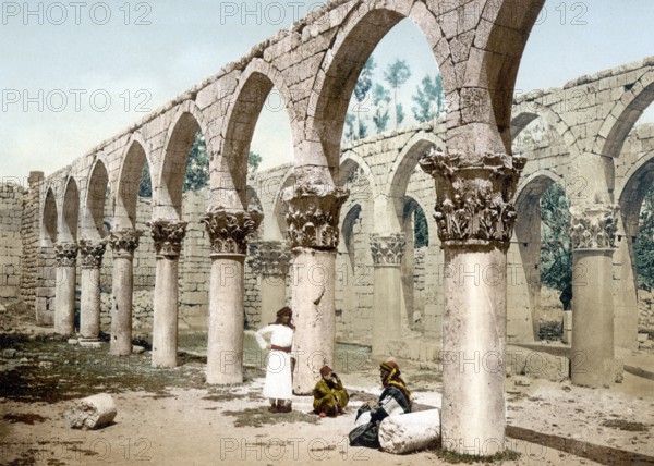 Colonnade of the ancient mosque, Baalbek, Holy Land, Lebanon, c. 1890, Historic, digitally restored reproduction from a 19th century original, Colonnade of the ancient mosque, the Holy Land, 1890, Historic, digitally restored reproduction from a 19th century original, Asia