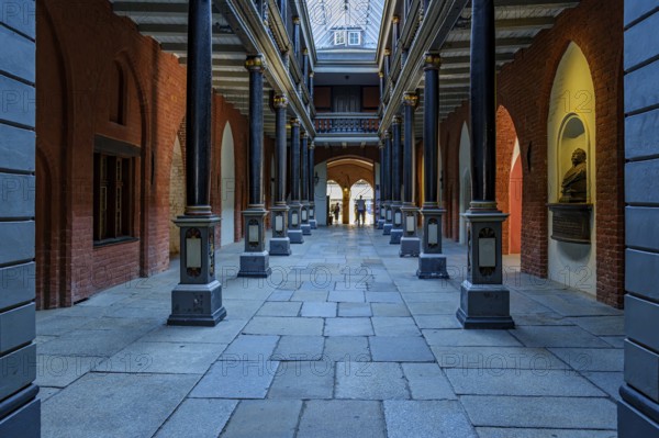 North-south passage and courtyard of the medieval town hall from the brick Gothic period with wooden gallery on 14 columns from the Baroque period, Hanseatic City of Stralsund, Mecklenburg-Western Pomerania, Germany, Europe