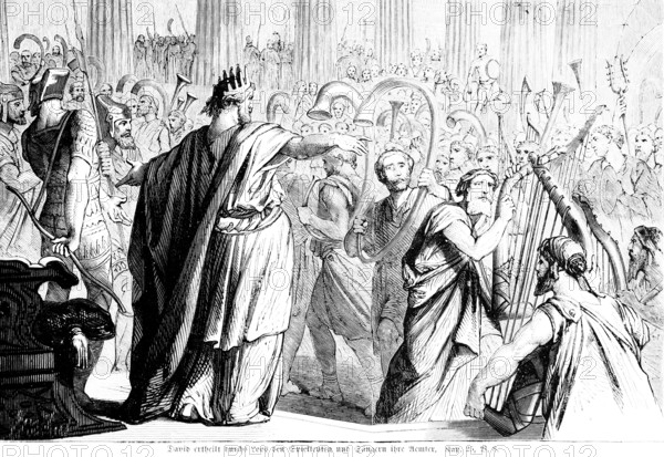 David grants by lot to the minstrels and singers their offices, lot, teacher, pupil, small, cast, crowd, trumpets, harp, Bible, Old Testament, First Book of Chronicles, Chapter 25, Verse 8, historical illustration circa 1850