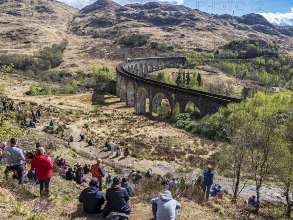 Tourists waiting for the jacobite steam train at the Glenfinnan viaduct, scottish highland, Scotland, UK