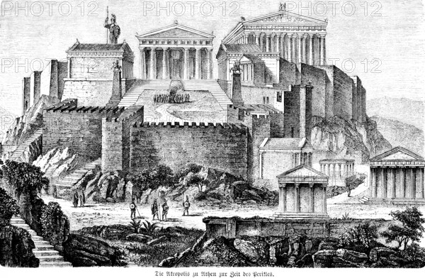 Acropolis of Athens at the time of Pricles, Greeks in antiquity, historical illustration ca. 1890