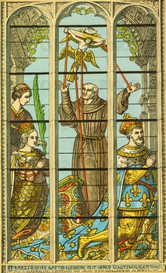 Francis I, the French knight-king, and his wife Eleanor, stained glass in the Gudal Church, Brussels, Belgium, historical illustration 1880, Europe
