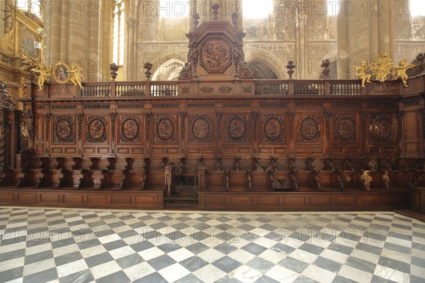 Choir stalls of the Gothic church Ste-Marie-Madelein, interior view, wood carving, arts and crafts, Sainte, Saint-Maximin-la-Sainte-Baume, St, Ste, Var, Provence, France, Europe