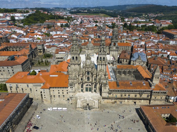 Aerial view of a cathedral and the red roofs of a historic city on a clear, sunny day, Cathedral, Santiago de Compostela, autonomous community of Galicia, place of pilgrimage, destination of the Way of St James, Spain, Europe