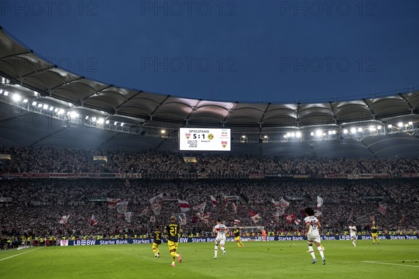VfB Stuttgart celebrates historic 5:1 victory over Borussia Dortmund BVB, scoreboard, score, Cannstatter Kurve, fan curve, flags, atmospheric, blue hour, MHPArena, MHP Arena Stuttgart, Baden-Württemberg, Germany, Europe