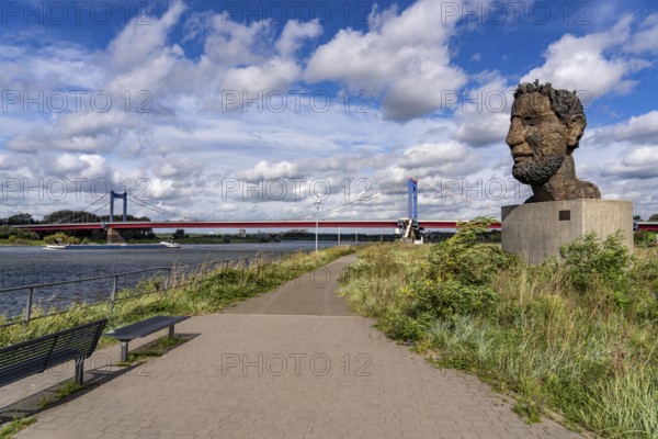 The Friedrich Ebert Bridge over the Rhine between Ruhort and Homberg, Mercator Island, sculpture Echo of Poseidon, by Markus Lüpertz, Duisburg, North Rhine-Westphalia, Germany, Europe
