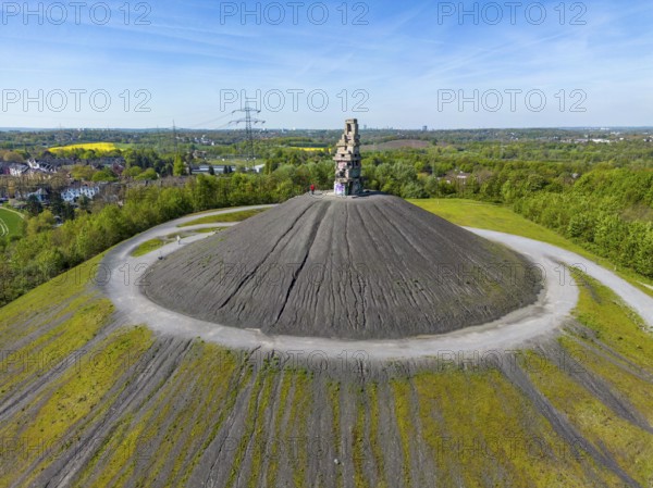 Rheinelbe spoil tip in Gelsenkirchen, 100 metre high spoil tip, landscape park, with the sculpture Himmelsleiter, made from concrete parts of the former Rheinelbe colliery, Gelsenkirchen, North Rhine-Westphalia, Germany, Europe