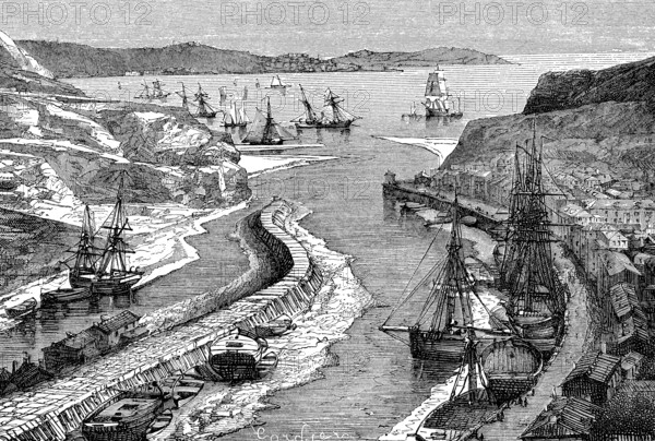 The harbour of Hayle, County of Cornwall in England, in 1880, Historical, digital reproduction of an original 19th century artwork