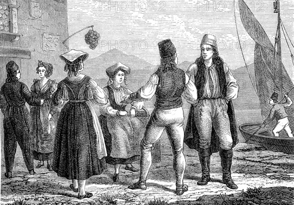 People in traditional costumes from Istria, then Italy, around 1860, Historical, digital reproduction of an original from the 19th century