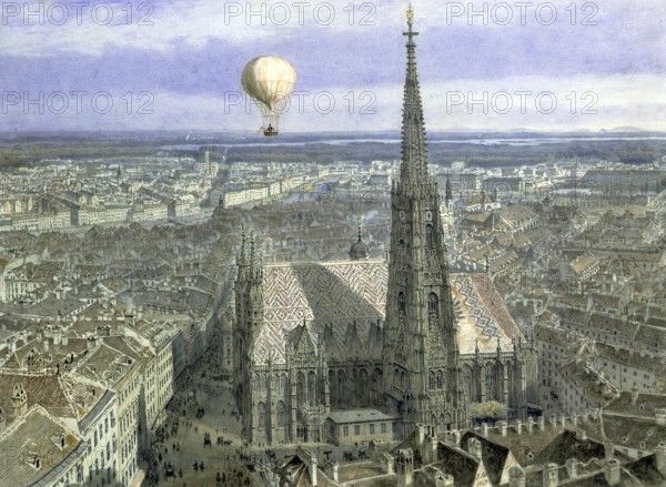 Hot air balloon flies over the city of Vienna and St Stephen's Cathedral, 1847, Painting by Jakob Alt, German-Austrian landscape painter, draughtsman and lithographer, Historic, digitally restored reproduction from a 19th century original, Record date not stated