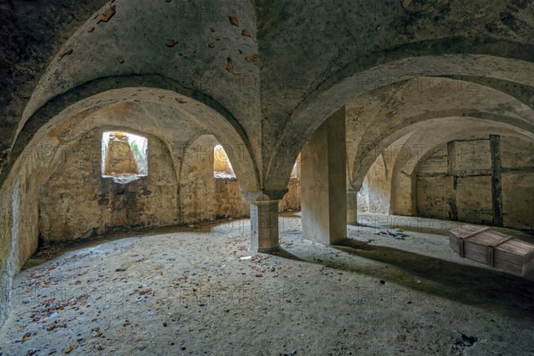 Cellar vault with old coffin Möllenbeck Monastery Rinteln Germany