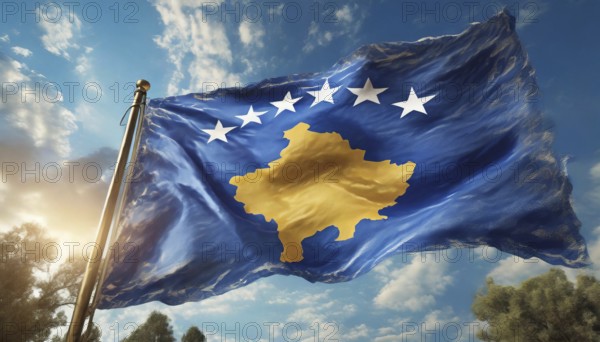 Flags, the national flag of Kosovo flutters in the wind