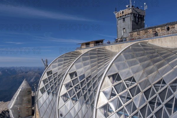 Zugspitze, above the Münchner Haus and the tower of the weather station, below the three hyperbolic shells of the radio transmission centre, bottom left the former altitude radiation measuring station, Zugspitze, Garmisch-Partenkirchen, Werdenfelser Land, Upper Bavaria, Bavaria, Germany, Europe