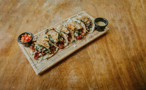 Traditional tacos al pastor with sauces served on a wooden board. Delicious Mexican chicken tacos with sauces served on table restaurant