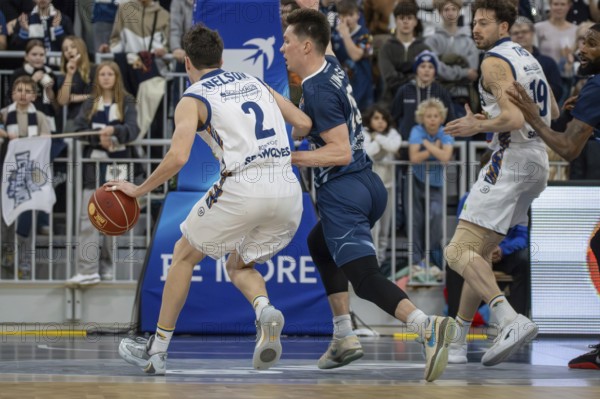 16.03.2024, easy Credit BBL, German Basketball League, Matchday 24) : Game scene MLP Academics Heidelberg against Rostock Seawolves (final score 88:86) . Player on the ball: Tyler Nelson (2, Rostock Seawolves)