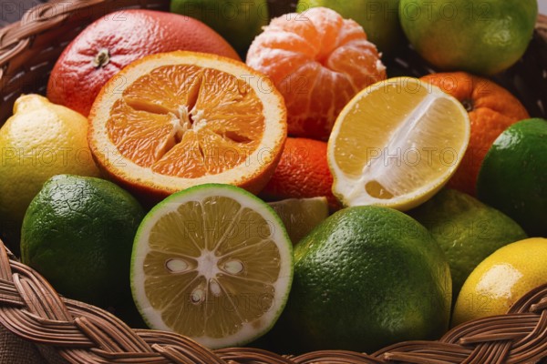 Assortment, citrus fruits, in a basket, close-up, top view, no people