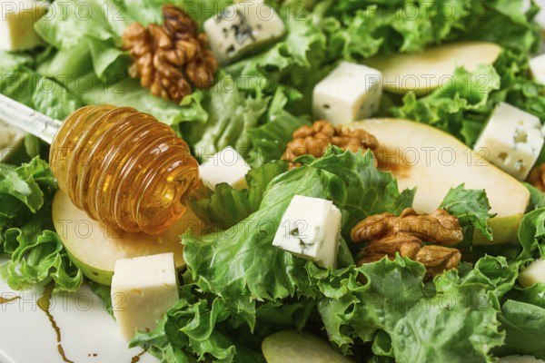 Keto Salad, pear with blue cheese and walnut, selective focus, no people, close-up