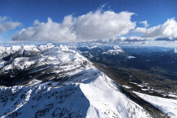 Aerial view, Dormilouse, Tete de l Estrop, snow, Alps, Maritime Alps, France, Europe