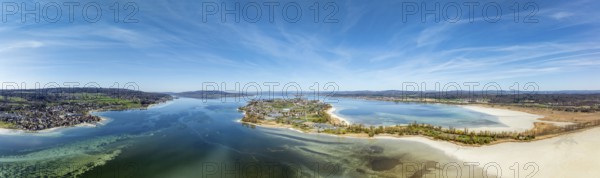 Aerial view, panorama of the island of Reichenau at low tide and spring-like vegetation, Lake Constance, district of Constance, Baden-Württemberg, Germany, Europe
