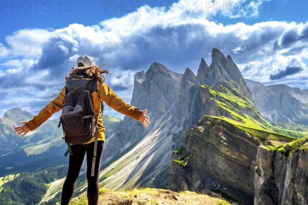 Backpacker enjoying breathtaking panorama of the odle mountain range during summer adventures in val di funes, italy