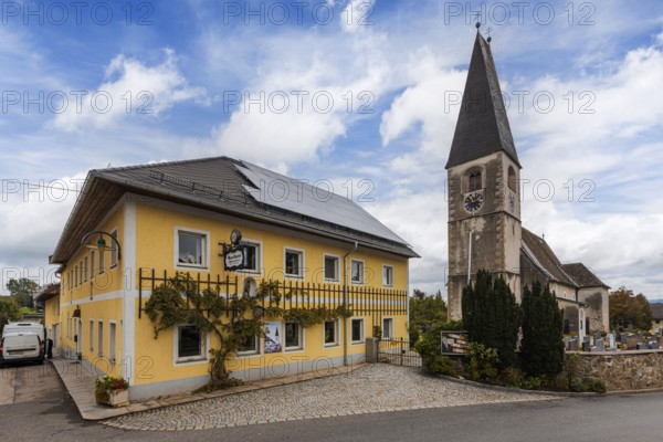 Drone image, view of village with parish church, Oftering, Hausruckviertel, Upper Austria, Austria, Europe