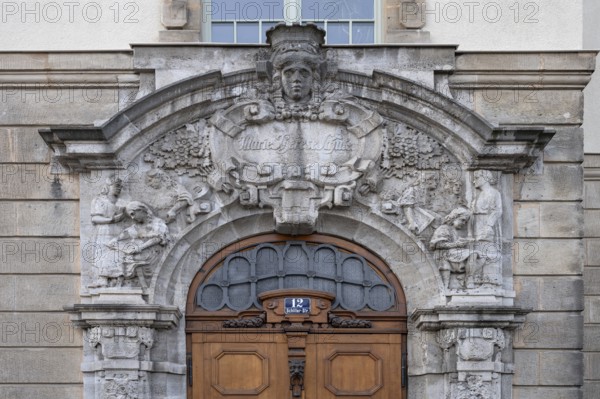 Detail of the entrance portal of the Marie-Theres-Gymnasium, neo-baroque, built in 1909, Schillerstr. 12, Erlangen, Middle Franconia, Bavaria, Germany, Europe