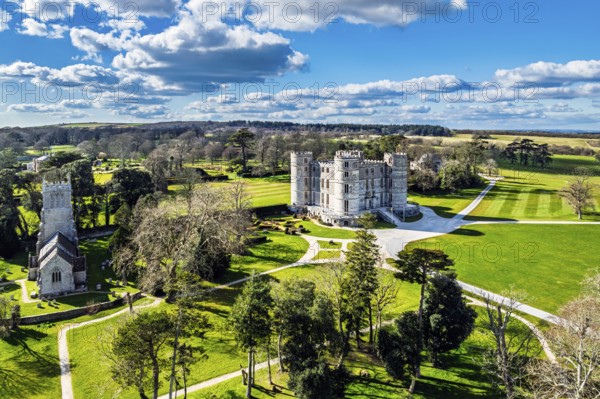 Lulworth Castle from a drone, Lulworth Estate, Camp Bestival, East Lulworth, Dorset, England, United Kingdom, Europe