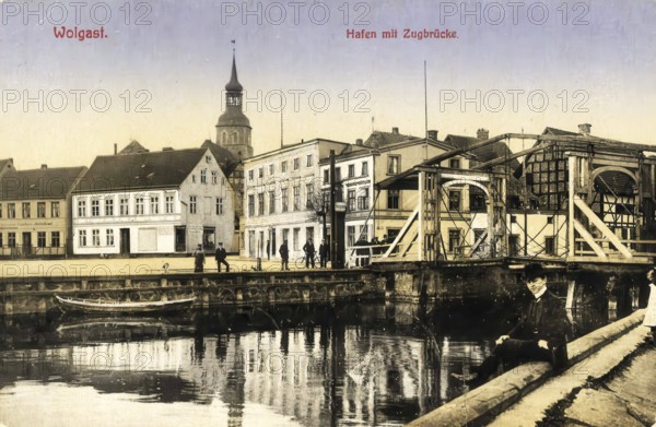 Historical postcard, picture postcard, harbour with drawbridge of Wolgast, Mecklenburg-Western Pomerania, Germany, digitally enhanced reproduction of an original from around 1900, picture postcard, Europe