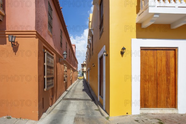 Colombia, Scenic colorful streets of Cartagena in historic Getsemani district near Walled City (Ciudad Amurallada), South America
