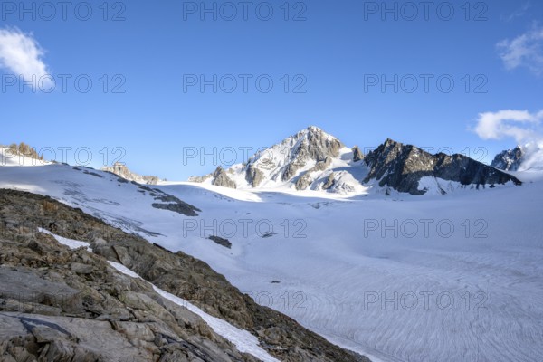 High alpine mountain landscape, summit of the Aiguille de Chardonnet and Glacier du Tour, glaciers and mountain peaks, Chamonix, Haute-Savoie, France, Europe
