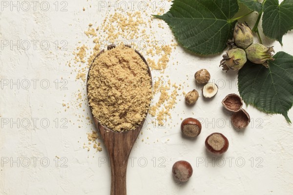 Wooden spoon with hazelnut flour, top view, no people, on a white table